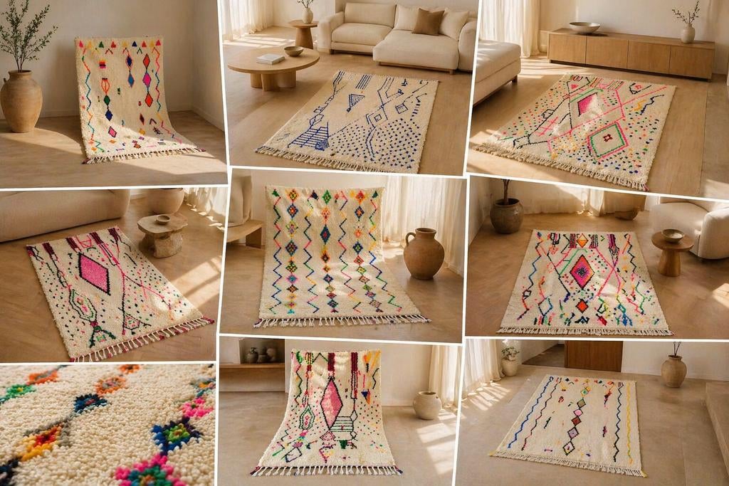 Prachtige handgemaakte azilal tapijten. Alle maten, Crème, Info@maroccarpets.nl, Boho, azilal, berber, wol, handgemaakt, 150 tot 200 cm