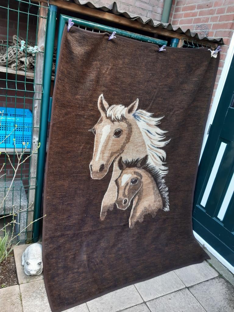 Vintage wollen deken paarden 150 x 220 uitmuntende staat, Ophalen of Verzenden, Tweepersoons, Wit, Dekbedovertrek