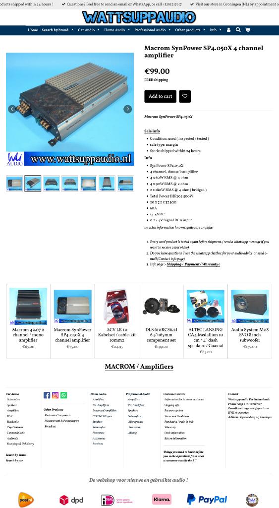 Macrom SynPower SP4.050X 4 kanaals versterker, Auto diversen, Autospeakers, Gebruikt, ., Ophalen of Verzenden, .