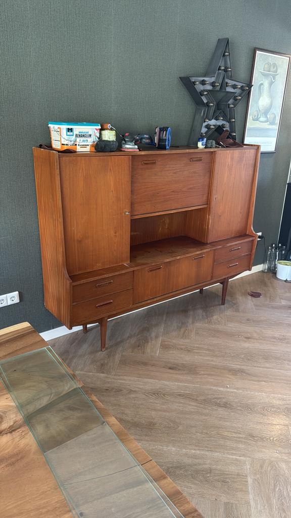 Vintage retro midcentury highboard / drankkast, Huis en Inrichting, Kasten | Dressoirs, Ophalen, Met deur(en), ..., Zo goed als nieuw