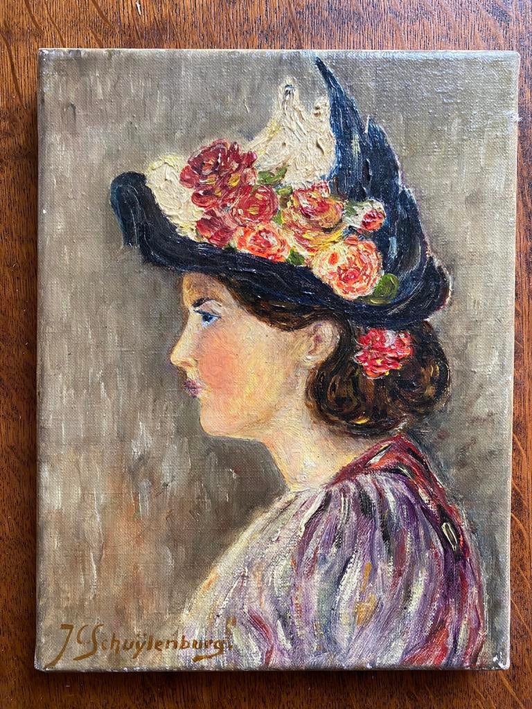 Portret van een dame met hoed - J.C. Schuijlenburg, Antiek en Kunst, Kunst | Schilderijen | Klassiek, Ophalen of Verzenden