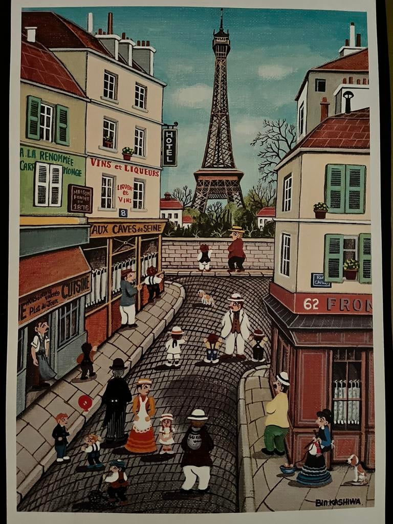 BIN KASHIWA. —  PARIS BISTRO ET LA TOUR EIFFEL 1983., Antiek en Kunst, Kunst | Litho's en Zeefdrukken, Ophalen of Verzenden