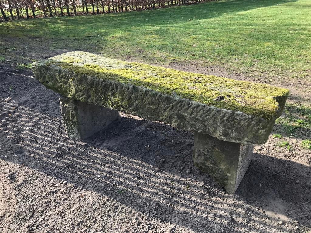 Antiek Bentheimer zandsteen tuinbank, lengte 150 cm., Ophalen, Gebruikt, 100 cm of meer, Overige vormen