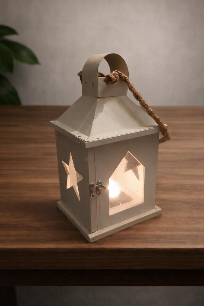 Lantaarn met ster en huisje uitsparingen, Ophalen of Verzenden, Gebruikt, Wit, Hout