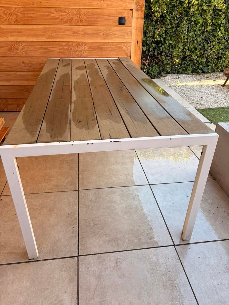 Tuintafel wit kunststof met hout 200x100, Tuin en Terras, Tuintafels, Ophalen, Gebruikt, Rechthoekig