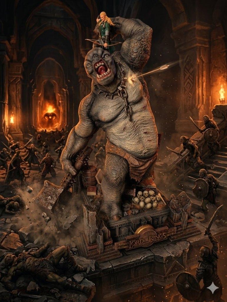 Cave troll vs Legolas statue. 76cm hoog!, Ophalen, Nieuw, Beeldje of Buste