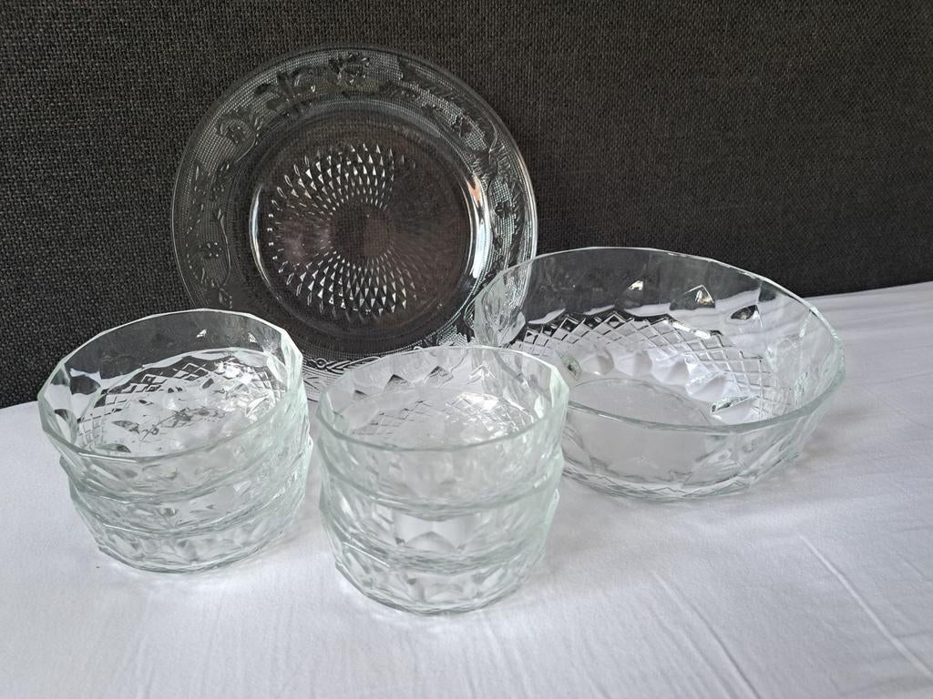 Mooie glazen bowl set met schaal en bijpassende kommetjes, Ophalen of Verzenden