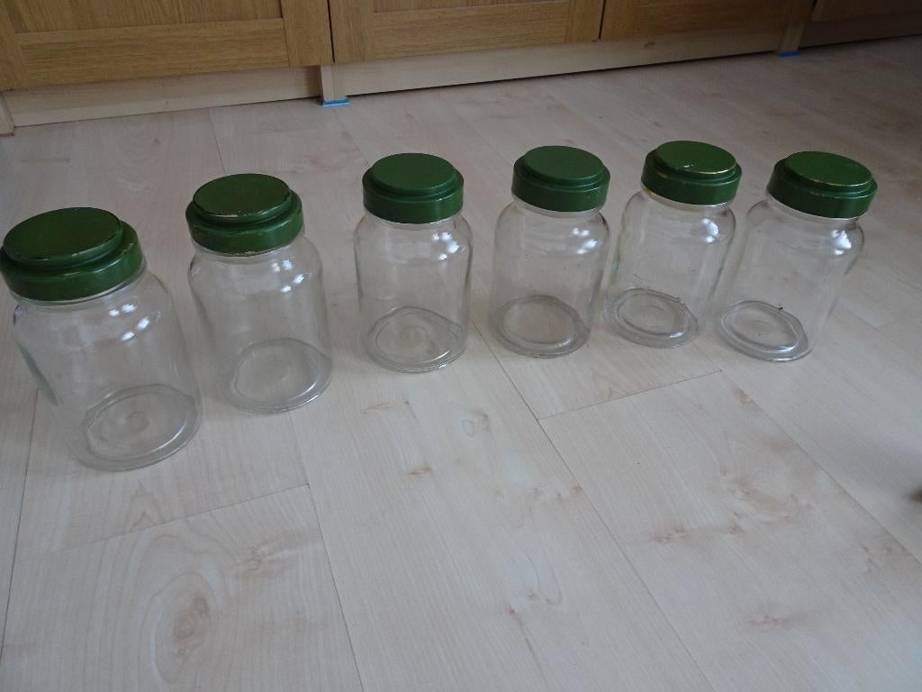 6x vintage voorraadpot met groene deksel, Voorraadpot, Ophalen of Verzenden, Gebruikt, Groen