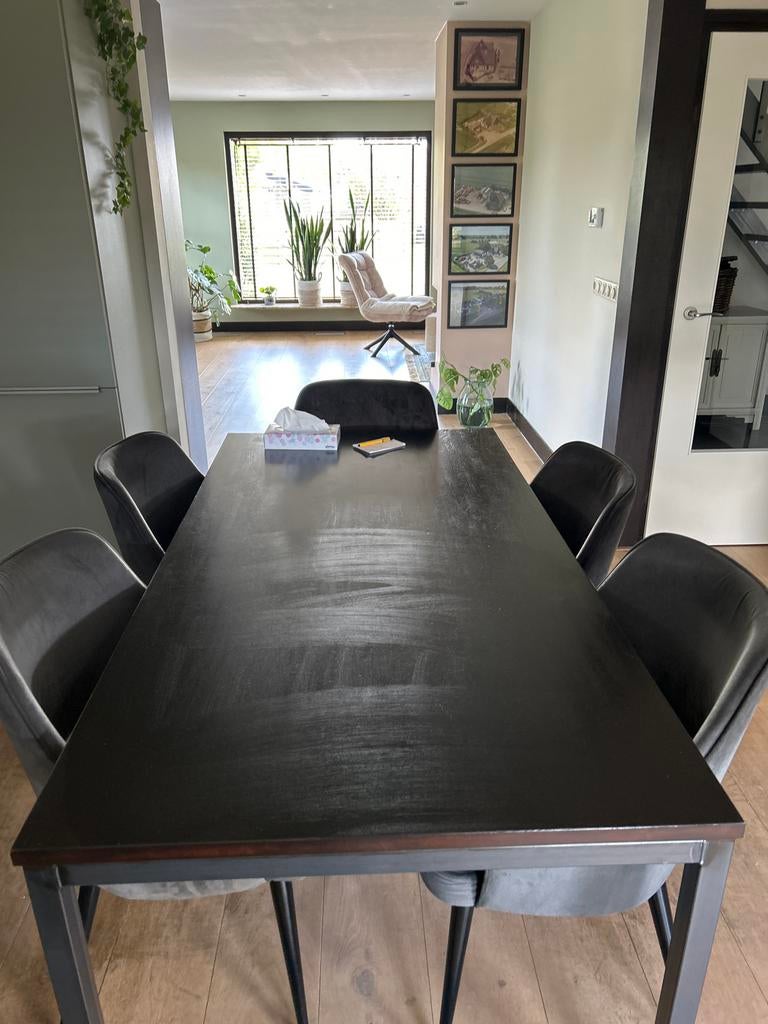 6 grijze stoffen eetkamerstoelen te koop, Gebruikt, Ophalen of Verzenden, Vijf, Zes of meer stoelen, Stof