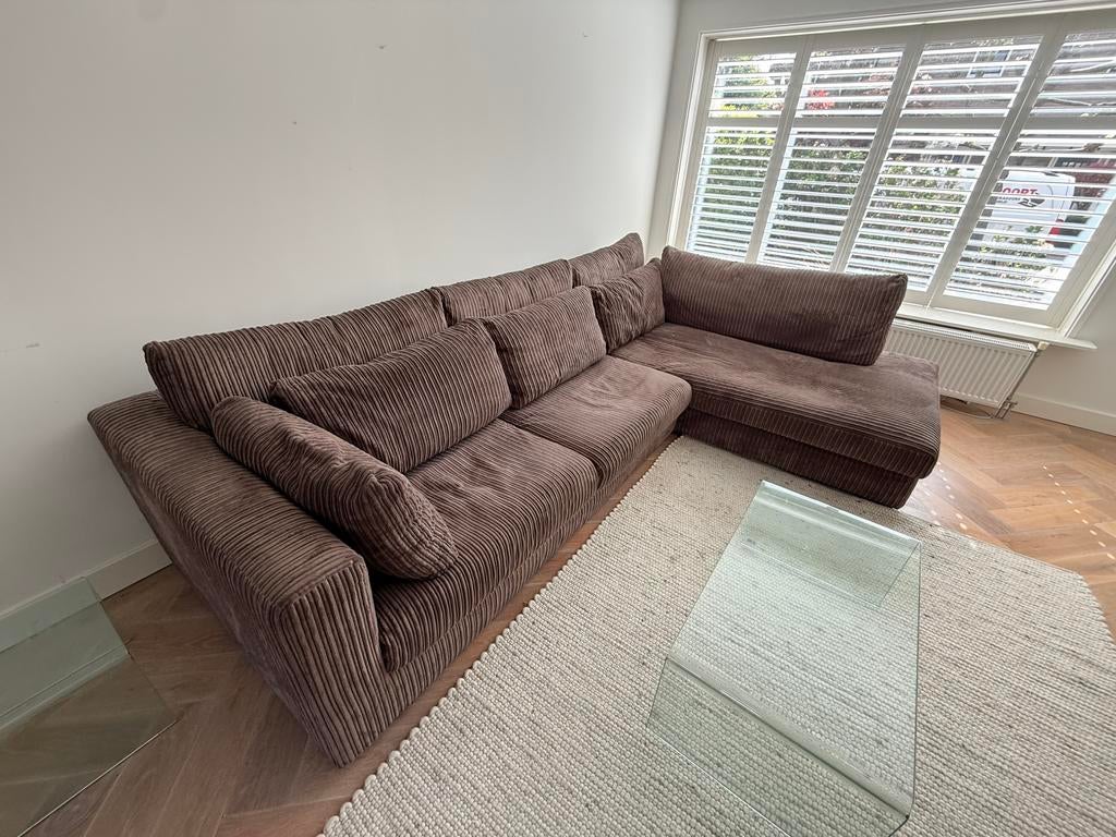 Bruine rib bank poef, Ophalen, Zo goed als nieuw, Stof, Rip stof