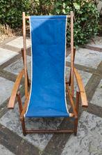 Vintage houten verstelbare en opvouwbare blauwe ligstoel, Ophalen, Gebruikt, Hout, Verstelbaar