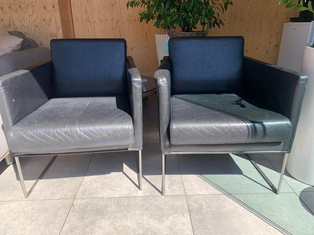 Twee Bert Plantagie fauteuils - Zwart leer, Huis en Inrichting, Fauteuils, Ophalen, Gebruikt, Leer, 75 tot 100 cm