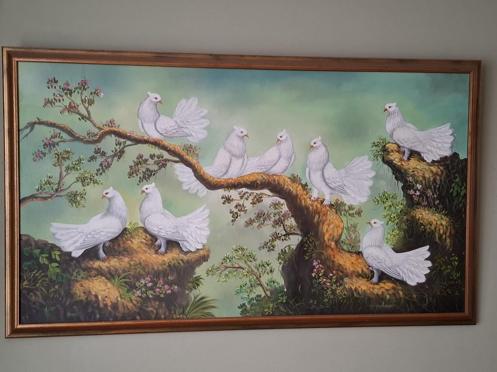 Schilderij met witte duiven en lijst - 164 x 85 cm, Ophalen