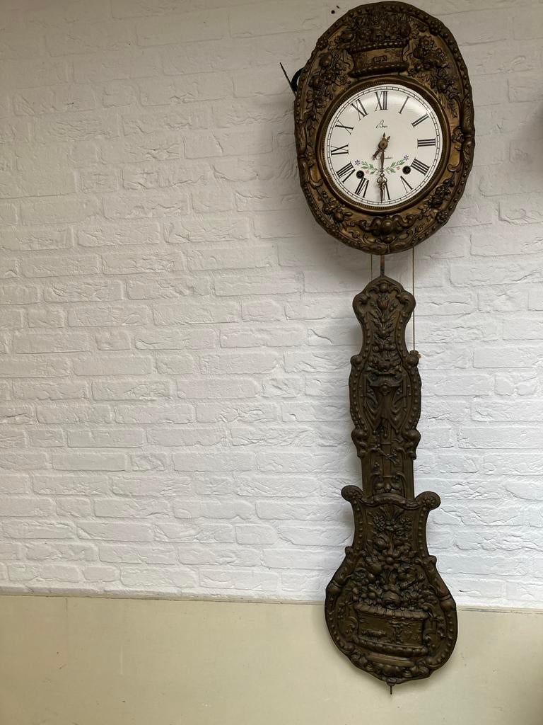 Antieke wandklok met oud uurwerk - defecte wijzer, Antiek en Kunst, Ophalen of Verzenden