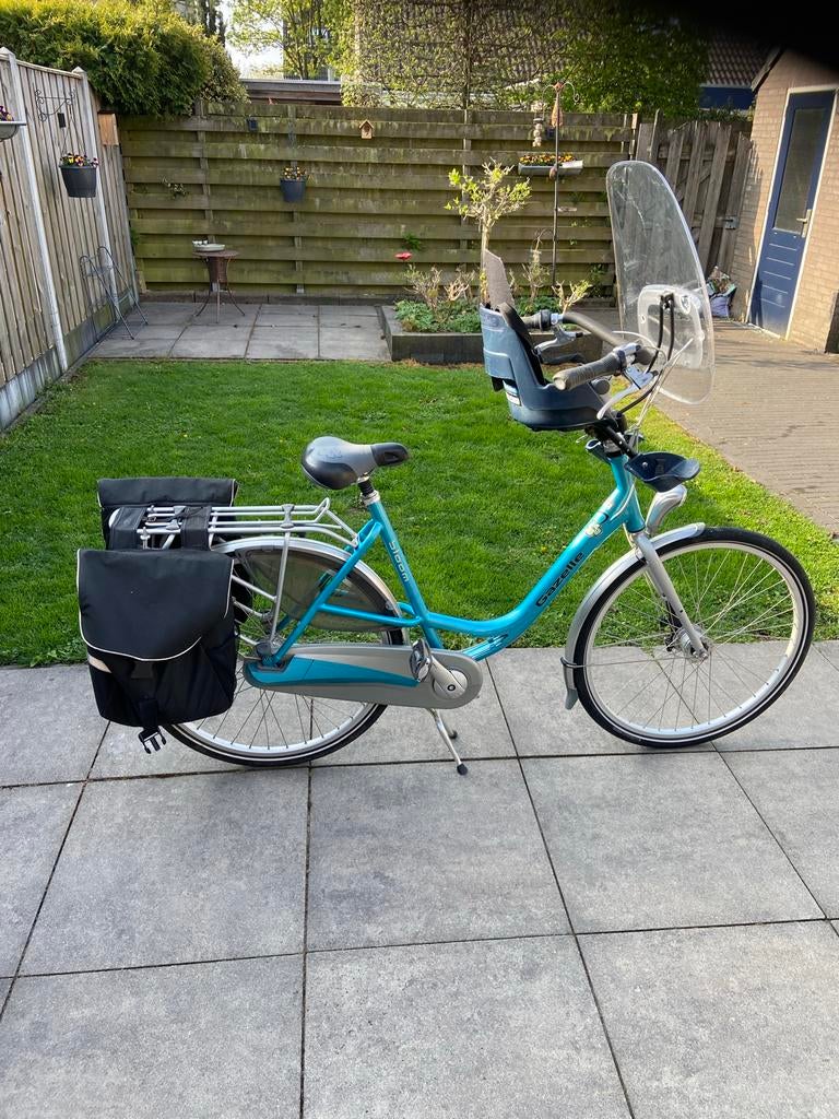 Gazelle Bloom Moederfiets met kinderzitje en fietstassen, Ophalen, Dubbele standaard, Gazelle, 1 zitje