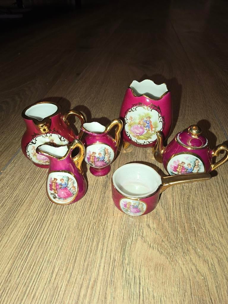 6-delige Limoges Porselein Set - Bordeaux & 22k Goud, Antiek en Kunst, Antiek | Porselein, Ophalen of Verzenden