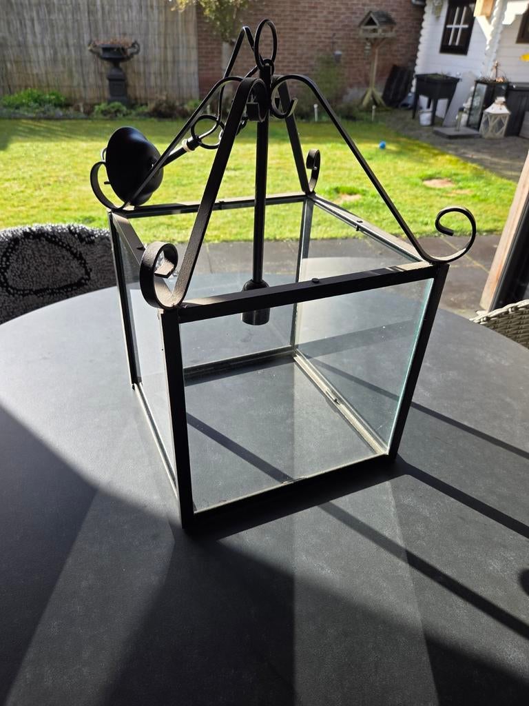 Zwarte metalen Jan des Bouvrie hanglamp, Huis en Inrichting, Gebruikt, Modern, Jan des Bouvrie, Ophalen of Verzenden, Glas