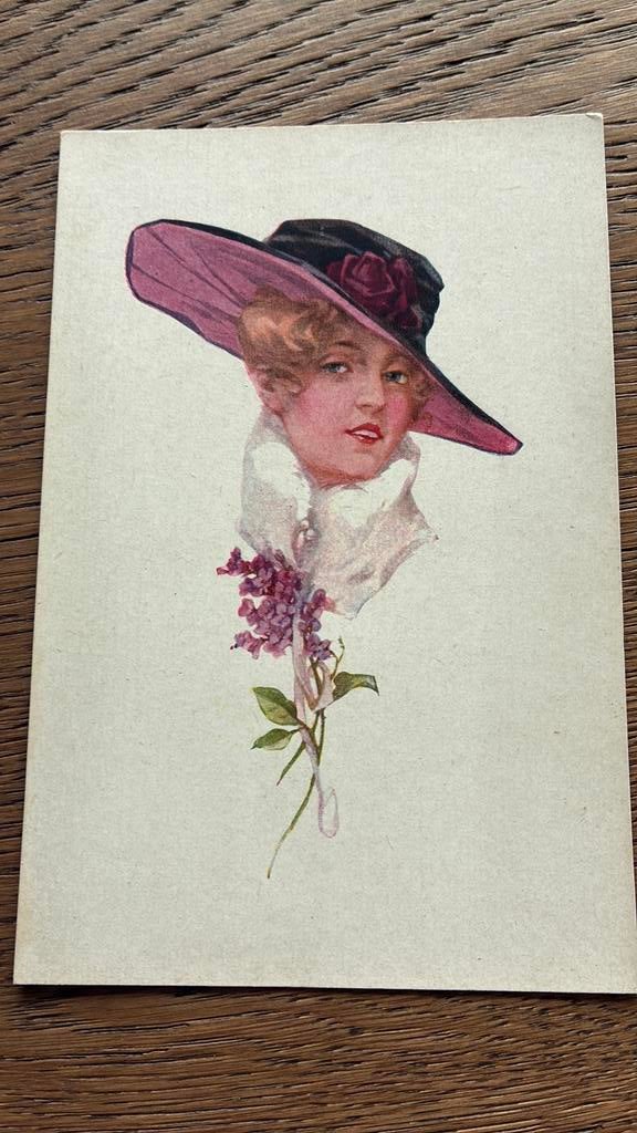 Portret dame met grote hoed., Ophalen of Verzenden, 1920 tot 1940, Ongelopen, Overige thema's