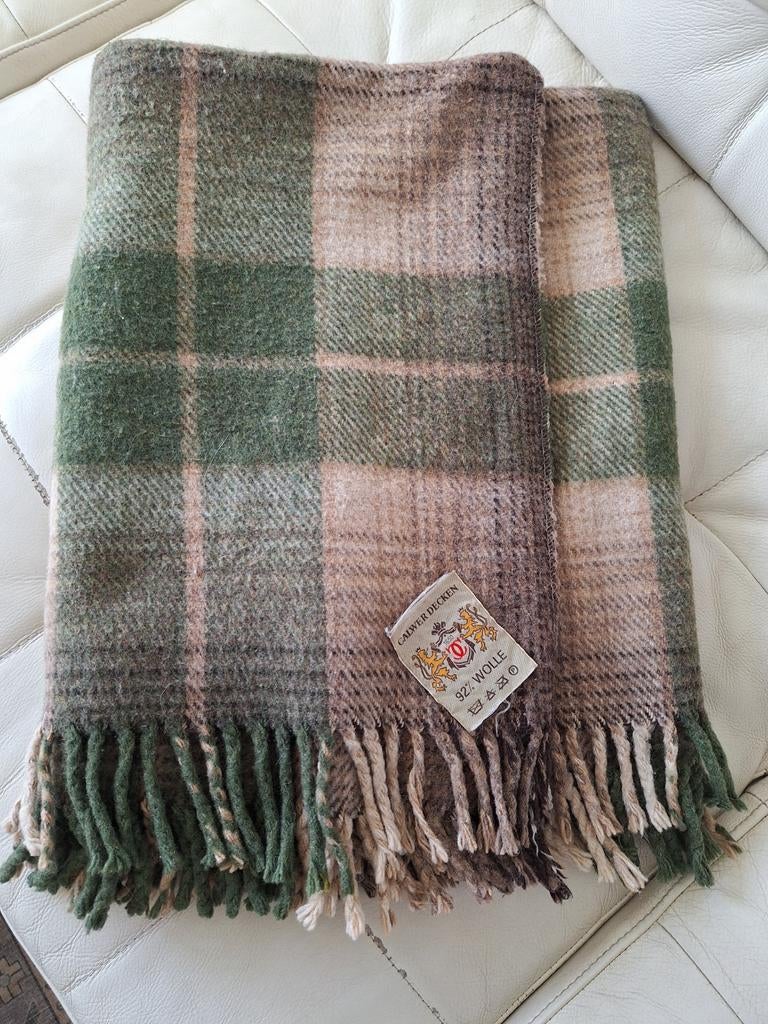 Geruite plaid van wol, groen en beige, Galwer Decken., Verzenden, Gebruikt