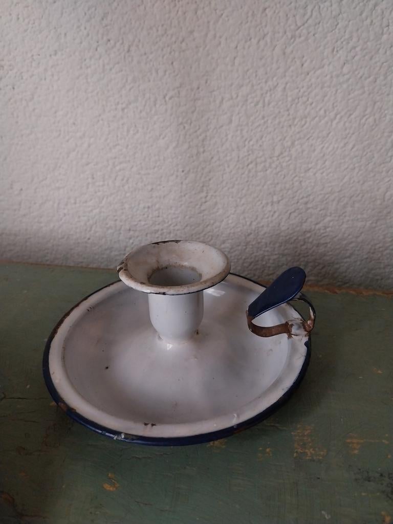 Vintage emaille kandelaar, Huis en Inrichting, Woonaccessoires | Kandelaars en Kaarsen, Gebruikt, Blauw, Ophalen of Verzenden