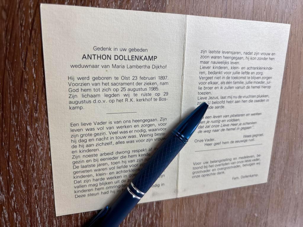 Dollenkamp Anthon 1897 Olst 1985 Boskamp x Dijkhof, Ophalen of Verzenden, Bidprentje