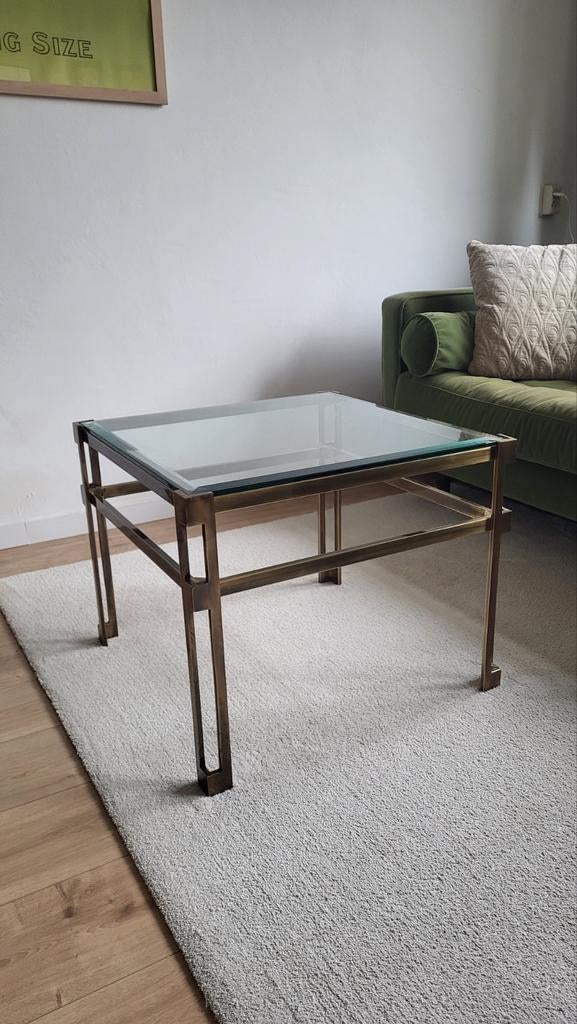 Salontafel Hollywood Regency Messing & Glas, Huis en Inrichting, Tafels | Salontafels, Gebruikt, 50 tot 100 cm, Verzenden, Vierkant