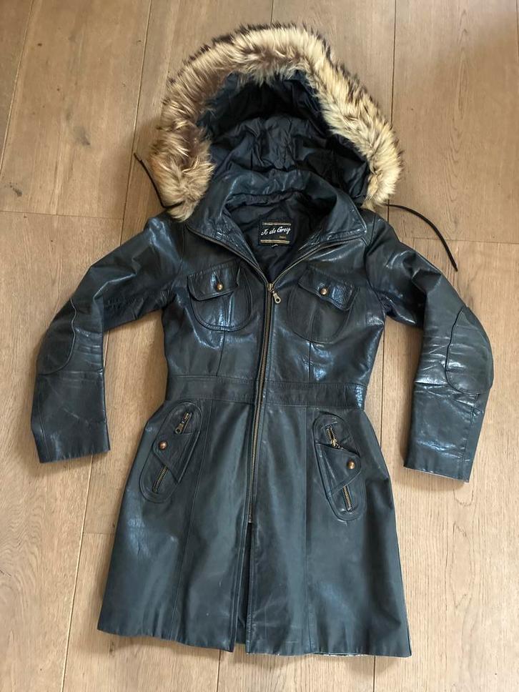 Jo de Grey Leren Jas met Vossenbont Kraag - Maat 34, Kleding | Dames, Jassen | Winter, Gedragen, Maat 34 (XS) of kleiner, Zwart