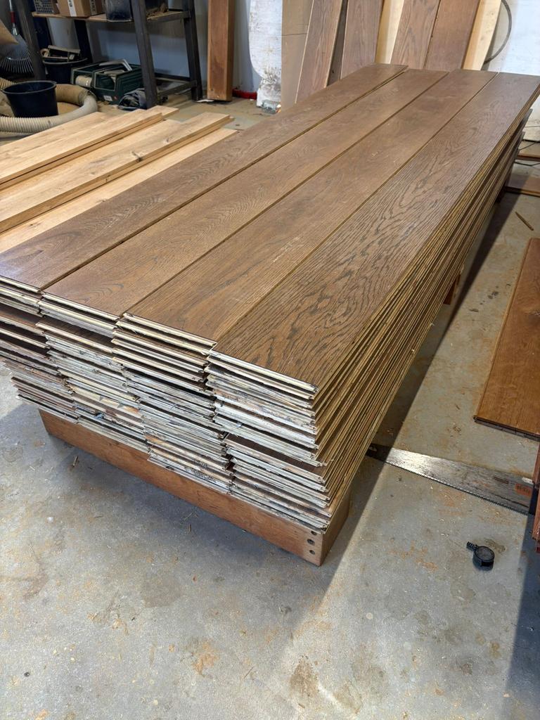 Nette eiken lamelparket vloer 48m2 220cm, 1.6cm, 18cm breed, Zo goed als nieuw, 10 m² of meer, 10 tot 30 cm, Hout