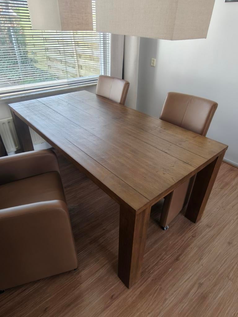 Stevige (vol) houten eettafel Incl. 4 leren stoelen bruin, Ophalen of Verzenden, Gebruikt, Rechthoekig, 50 tot 100 cm