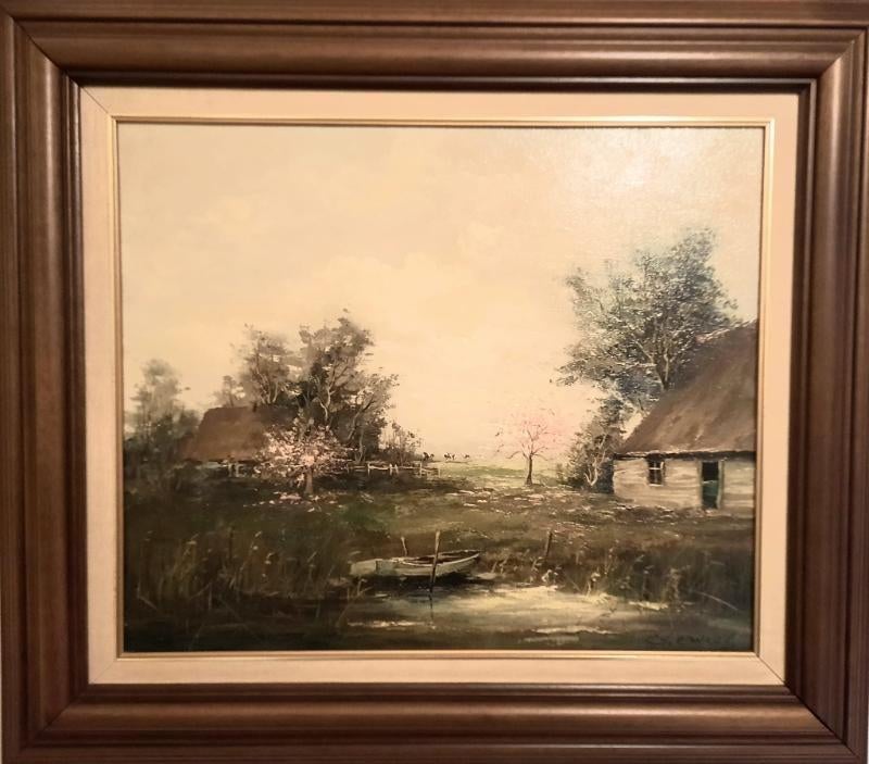 Olieverf schilderij doek landschap bootje van,G.J. Ernens, Ophalen