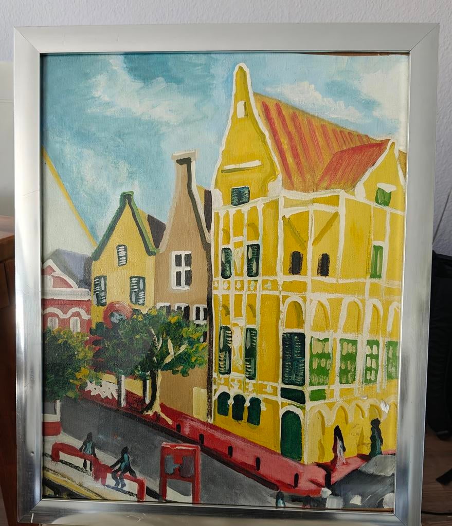 Schilderij Koloniale Huizen Willemstad Curaçao, Ophalen of Verzenden