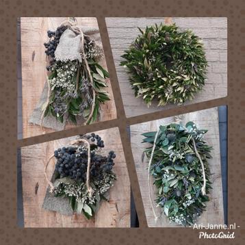 Landelijk, stoere groen decoraties, droogbloemen, krans,toef beschikbaar voor biedingen