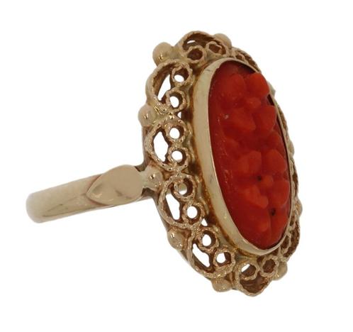 Bewerkte 14k gouden dames ring met fraaie bloedkoraal bloem, Sieraden, Tassen en Uiterlijk, Ringen, Zo goed als nieuw, Dame, Kleiner dan 17