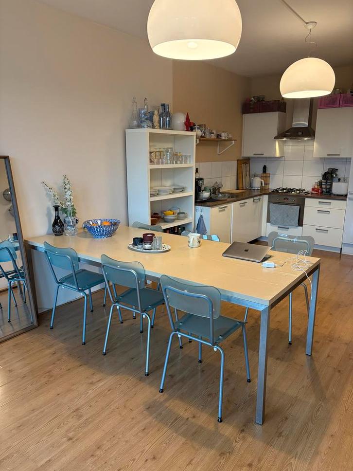 Grote houten beige eettafel 220, Huis en Inrichting, Tafels | Eettafels, Gebruikt, 50 tot 100 cm, 200 cm of meer, Vijf personen of meer