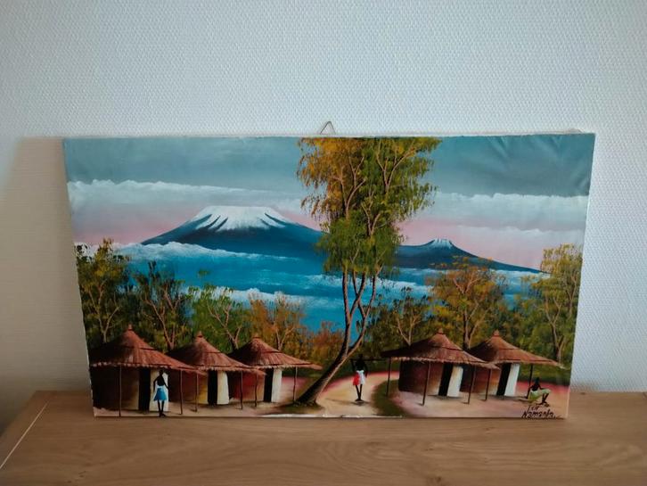 Schilderij Afrikaans dorp met berglandschap, Antiek en Kunst, Kunst | Schilderijen | Abstract, Ophalen of Verzenden
