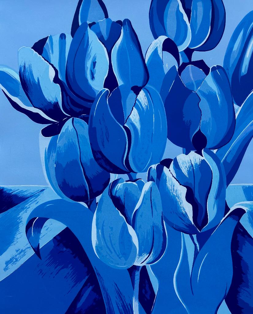 Zeefdruk Derox - Blauwe tulpen, Antiek en Kunst, Kunst | Litho's en Zeefdrukken, Verzenden