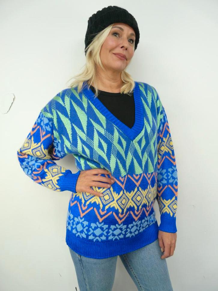 *Abfab Vintage Kleurrijke Trui met V hals L*, Kleding | Dames, Truien en Vesten, Zo goed als nieuw, Maat 42/44 (L), Blauw, Ophalen of Verzenden