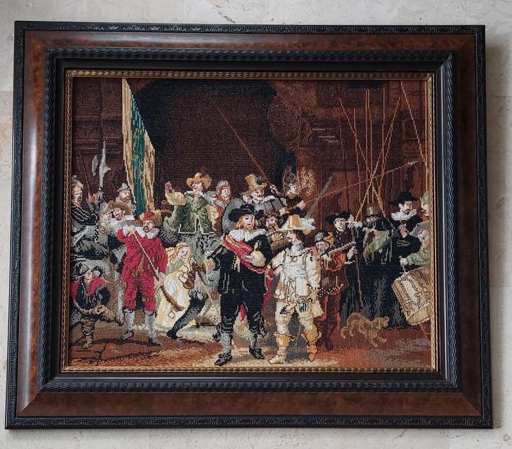 Geborduurde Nachtwacht met lijst, Antiek en Kunst, Antiek | Kleden en Textiel, Ophalen