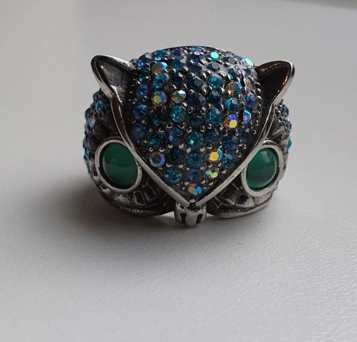 Stalen uilen ring met blauwe kristallen (316L staal), Sieraden, Tassen en Uiterlijk, Ringen, Dame, Zilver, Zilver, Ophalen of Verzenden