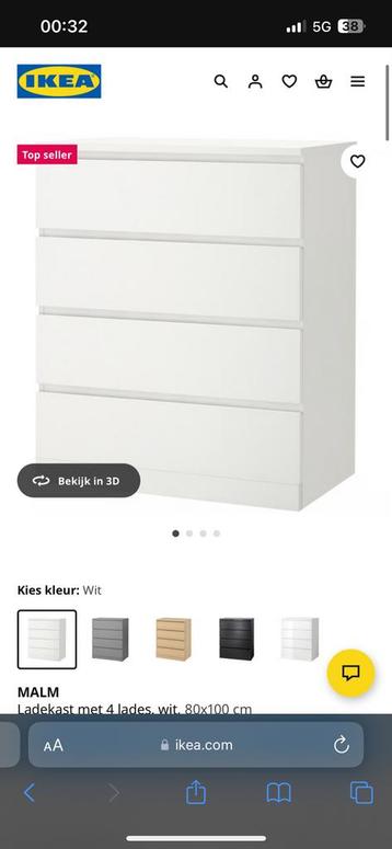 Ikea malm ladekast 4 lades wit - afbeelding 1