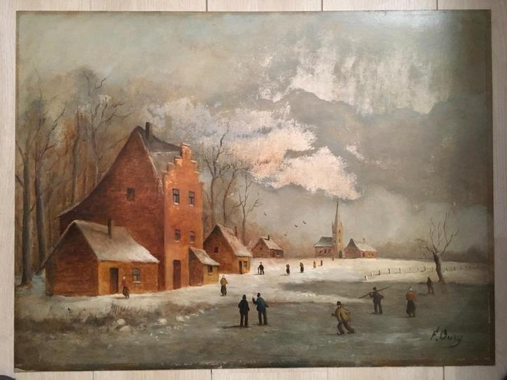 Schilderij winters landschap, F.Oury, Antiek en Kunst, Kunst | Schilderijen | Klassiek, Ophalen of Verzenden
