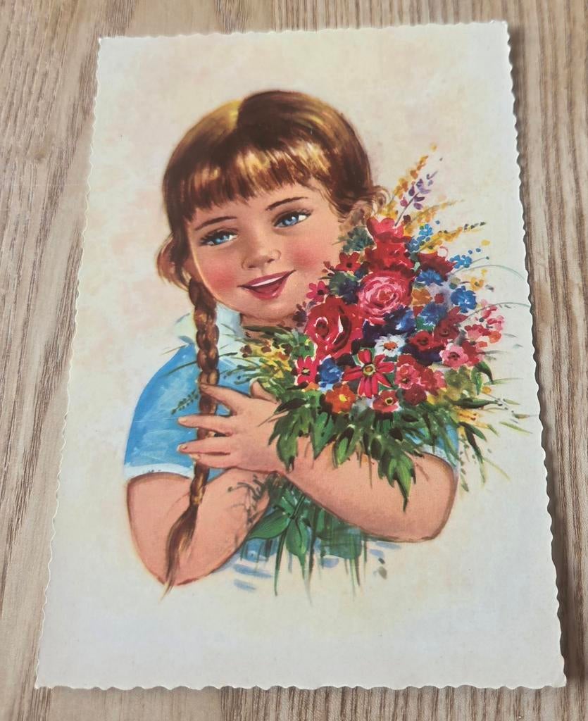 Meisje met vlechtjes houdt bosje bloemen vast, Verzenden, 1960 tot 1980, Ongelopen, Kinderen