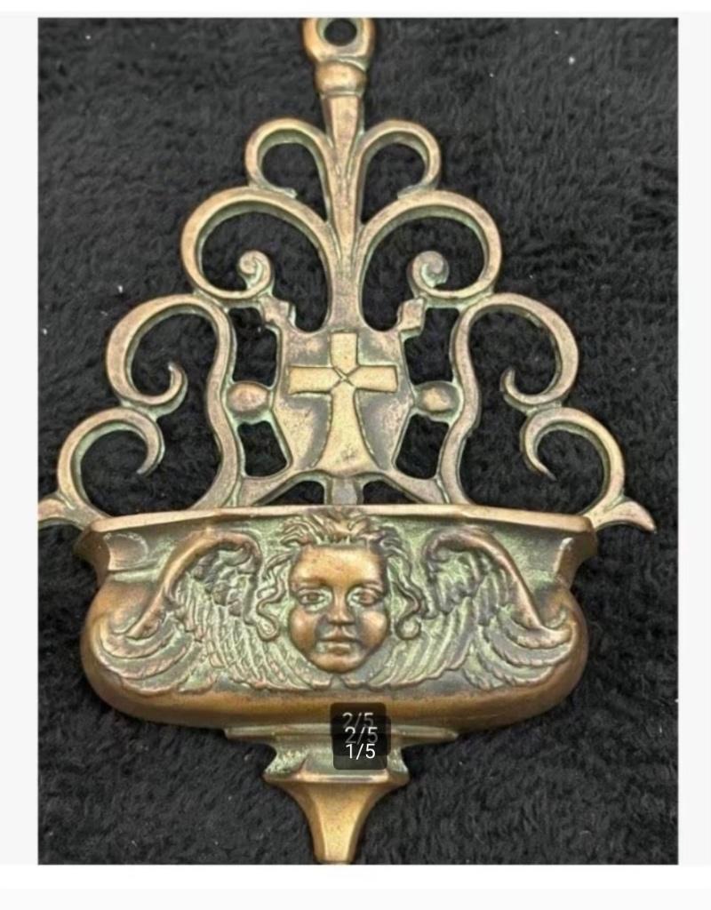 Antiek koperen wijwater bak, kruis, Engel, zwaar, 22 x 14 cm, Antiek en Kunst, Ophalen of Verzenden