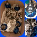 Oosterse Hanglamp met 5 Kelken kobaltblauw met zilver hanger, Ophalen of Verzenden, Zo goed als nieuw, Glas, Minder dan 50 cm