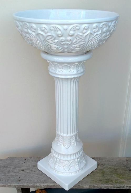 Antiek Wit Keramieken Jardinière Bloempot op Zuil W Germany, Antiek en Kunst, Curiosa en Brocante, Ophalen of Verzenden