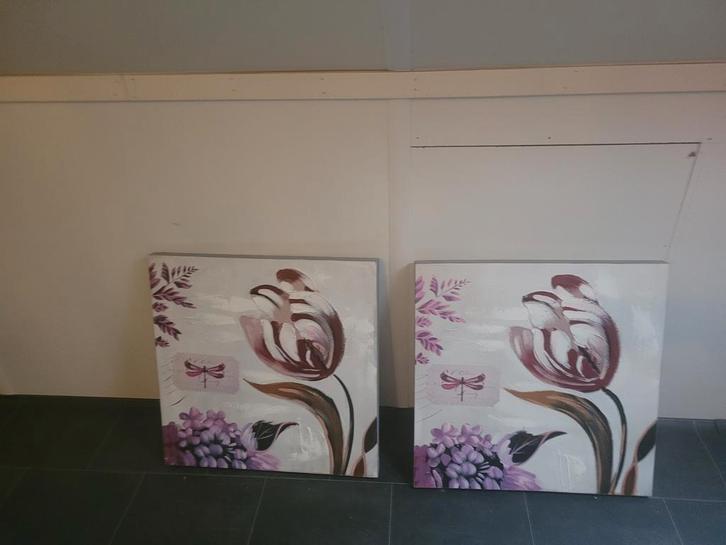 Twee canvas schilderijen met tulpen, Huis en Inrichting, Woonaccessoires | Schilderijen, Tekeningen en Foto's, Zo goed als nieuw