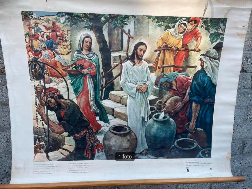 Mooie, oude schoolplaat met een bijbelse voorstelling., Antiek en Kunst, Antiek | Schoolplaten, Ophalen of Verzenden, Overige thema's