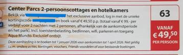 Center Parcs 2-persoonscottages en hotelkamers   beschikbaar voor biedingen