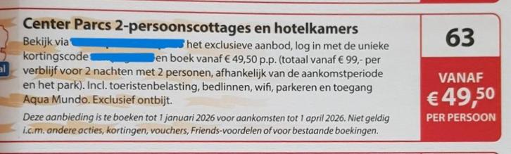 Center Parcs 2-persoonscottages en hotelkamers, Tickets en Kaartjes, Kortingen en Cadeaubonnen, Twee personen, Bungalowpark, Kortingsbon