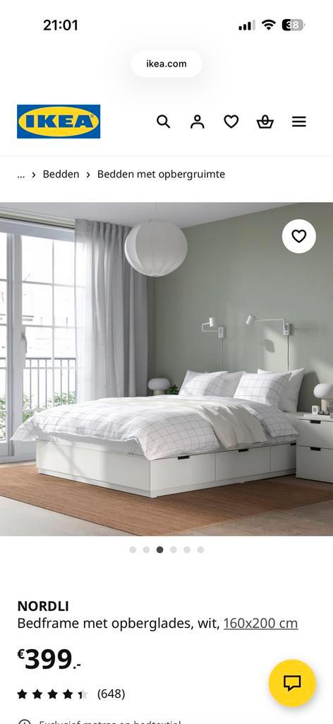 Nordli bedframe met hoofdbord en matras, Huis en Inrichting, Slaapkamer | Bedden, Zo goed als nieuw, Tweepersoons, 160 cm, 200 cm